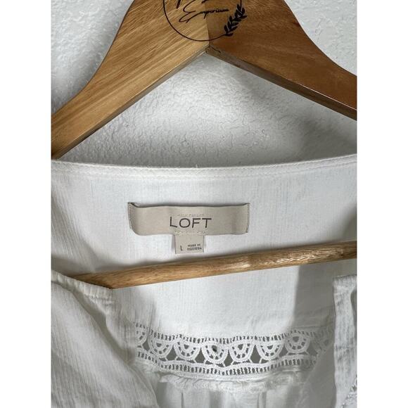 Loft White Lace Detail Blouse Large Long Sleeves Relaxed Flowy - Picture 2 of 5